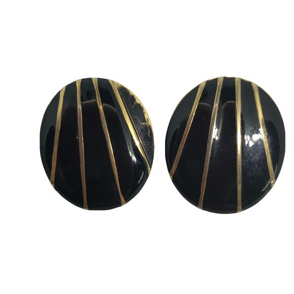 Vintage 1980's Round Pierced Post Earrings Black and Goldtone 1 1/8" Retro - Picture 1 of 4